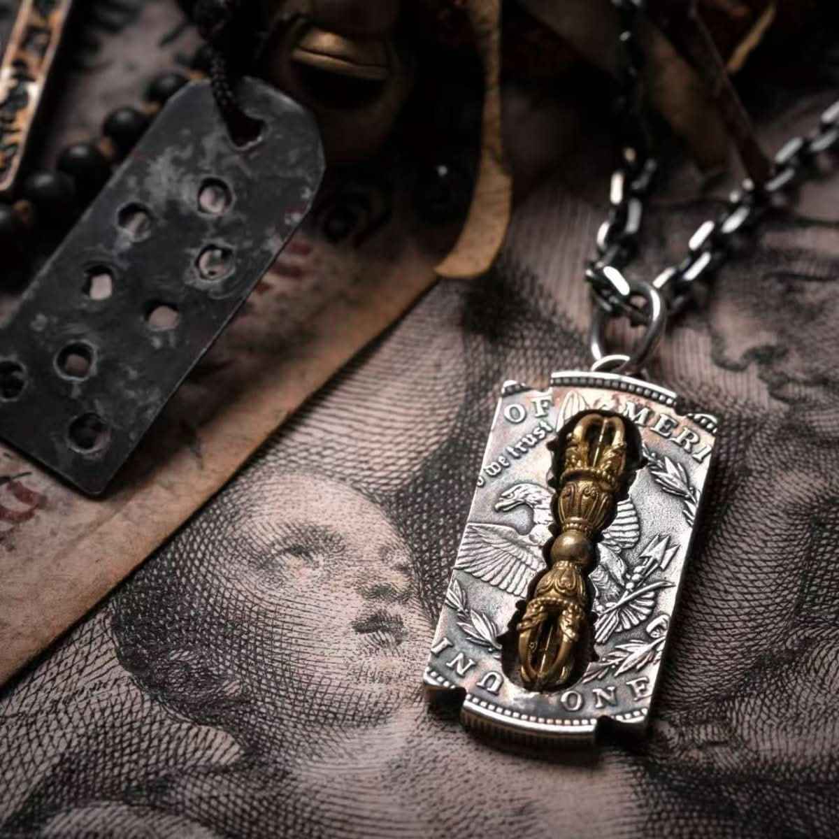 YOLO First Tibetan Vajra Necklace: Vintage Spiritual Coin-Inspired Statement Piece
