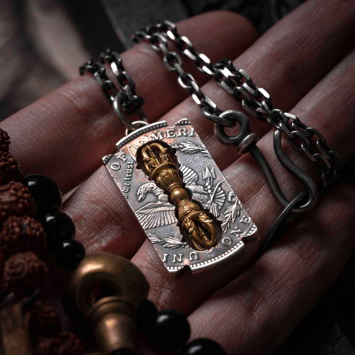 YOLO First Tibetan Vajra Necklace: Vintage Spiritual Coin-Inspired Statement Piece